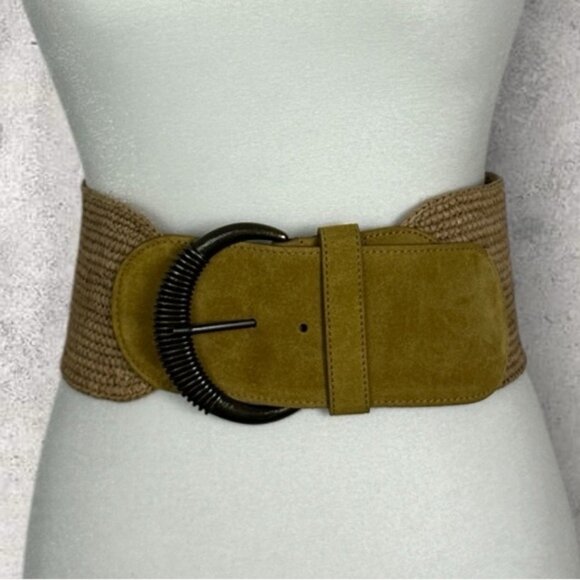 Sezane Carlie Belt Honey Wide Buckle Leather Antique Gold Size 80 cm 31.5 Inches - Picture 4 of 16